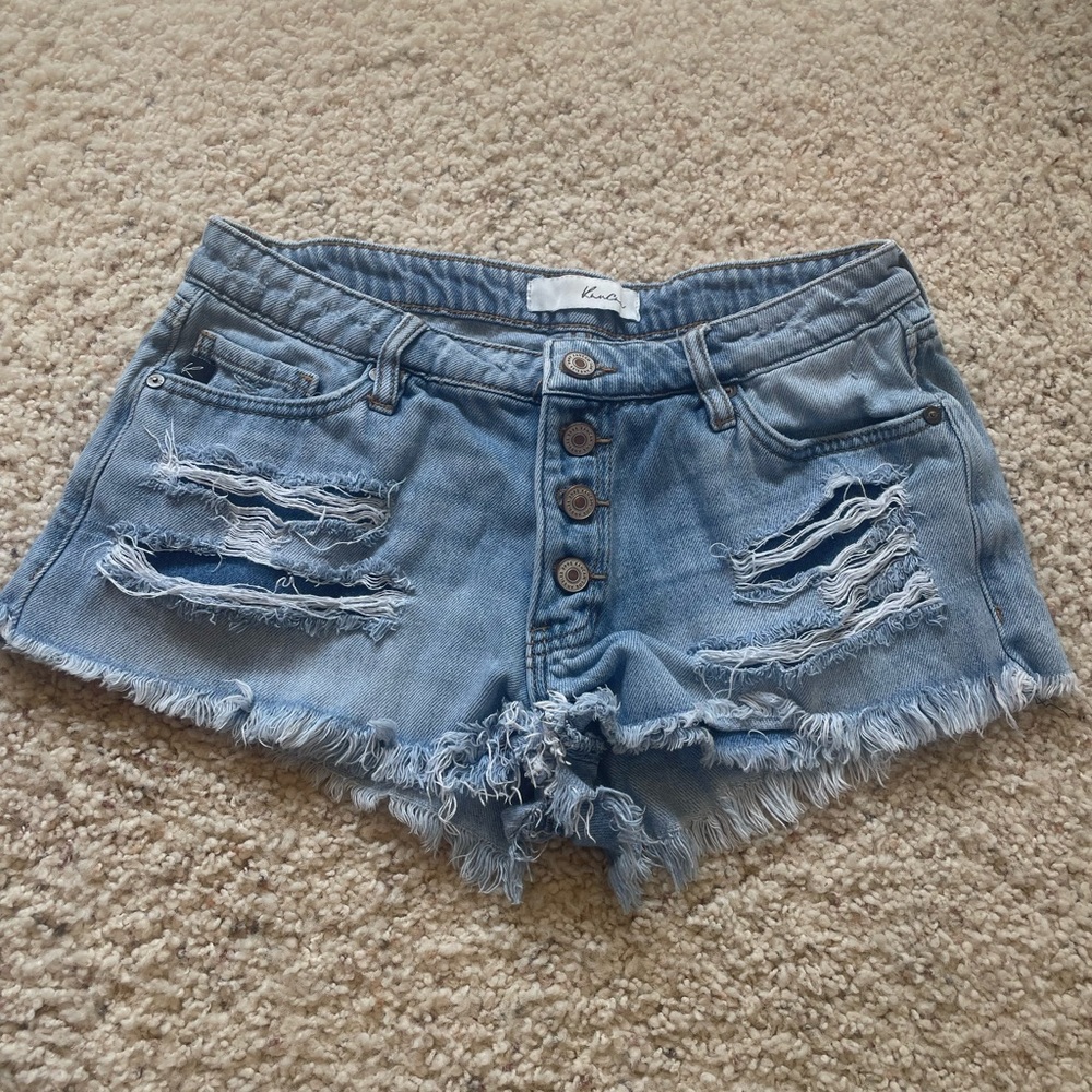 Blue Jean Shorts with Distressed Raw Hem